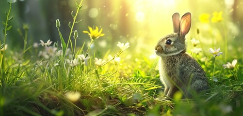Naklejka na ściany i meble Easter bunny exploring a sunlit meadow.