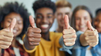 group of young diverse friends are giving a thumbs up to the camera