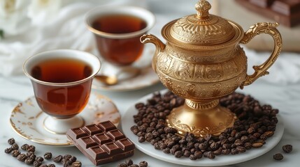 advertisment of russian samovar tea, white background, gold samovar and cup of tea, chocolate, hooney, chocopie
