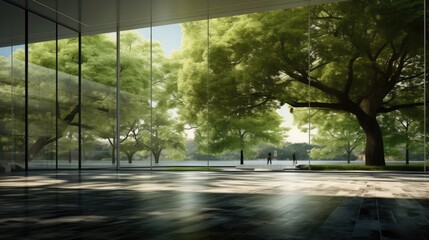 through floor-to-ceiling windows, showcasing the lush green grass and dense woods of a city park beyond.