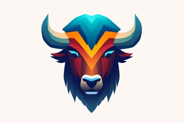 An abstract, colorful bison face logo showcasing minimalistic shapes and vibrant tones. Isolated on white background