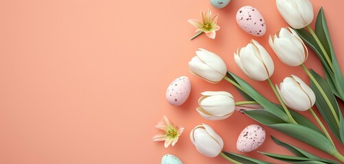 Fototapeta na wymiar White tulips surround pastel Easter eggs on soft peach.