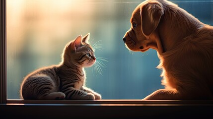 a dog and a cat as best friends, sitting side by side and looking out of a window together, the genuine bond and companionship between the two pets, they gaze outside.