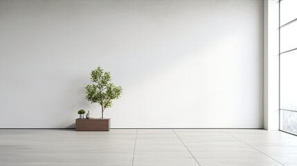 empty white wall in modern style, complemented by a window and a sleek concrete floor, the minimalist elegance and clean lines of the space, emphasizing the interplay of architectural elements.