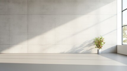 empty white wall in modern style, complemented by a window and a sleek concrete floor, the minimalist elegance and clean lines of the space, emphasizing the interplay of architectural elements.