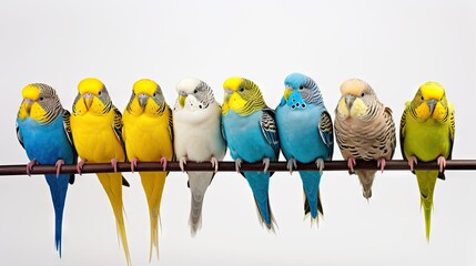 Budgerigars isolated on a white background, showcasing the vibrant and small avian beauty of these pet parakeets