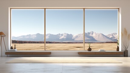 an empty room featuring a stunning view of a vast field and majestic mountains, the tranquility and serenity of the scene, emphasizing the seamless integration of indoor and outdoor spaces.
