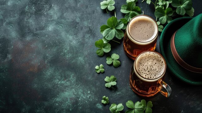 cheerful atmosphere in the pub at st. Patrick's Day celebration with green flying hat and glasses of beer
