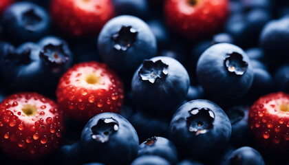 Blueberries background. Blueberries are scattered on the table. Berry texture. Many berries close up. AI generated