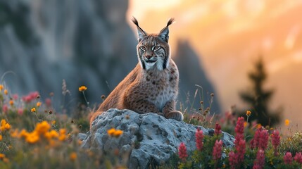 A beautiful Eurasian lynx standing on a rock in a field covered in flowers. Iberian lynx illuminated by sunset light in mountainous regions. Tuft-eared lynx. - obrazy, fototapety, plakaty