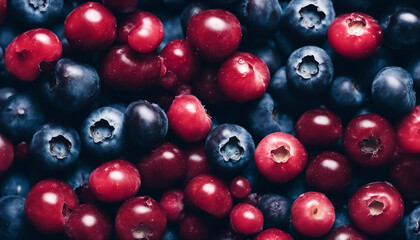 Blueberries background. Blueberries are scattered on the table. Berry texture close up. Lots of berries. Selective focus. AI generated
