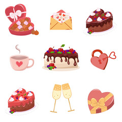 Valentines day element design - cake, coffee. Valentine flat symbol- heart cake . Holiday of love in cute style. Stock vector illustration