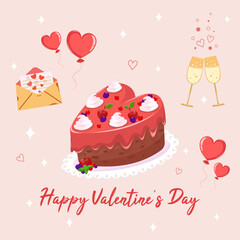 Valentines day element design - cake, coffee, envelope. Valentine flat symbol- heart cake . Holiday of love in cute style. Stock vector illustration