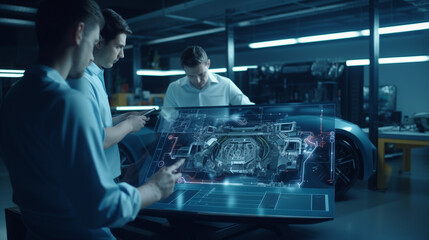 Concept of Electric Vehicle: Automotive engineers analyzing design of Electric Car using augmented holographic technology. High-tech industrial facility
