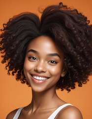 Happy young woman or girl portrait - diverse cartoon character on orange background