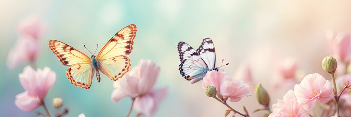 Pastel color butterflies on delicate spring flowers in a field with a space for text. Spring time. 