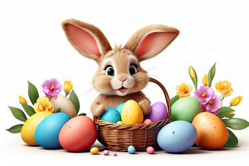 A cute Easter bunny with a basket of eggs and spring flowers is an illustration of a children character on a white background, a traditional holiday card.  - obrazy, fototapety, plakaty