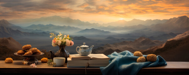 Morning landscape with book, tea set against background of sunrise, in blooming field with bright flowers, an atmosphere of tranquility, solitude. Reading, relaxation. Comfort. Meditative practices