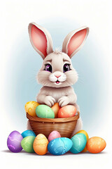 Fototapeta premium A cute Easter bunny with a basket of eggs and spring flowers is an illustration of a children character on a white background, a traditional holiday card. 