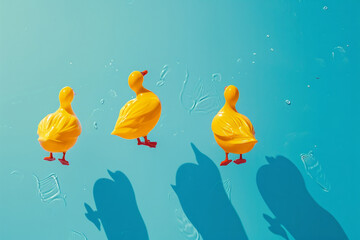 Sunlit Yellow Rubber Ducks Marching on a Clear Blue Surface - Powered by Adobe