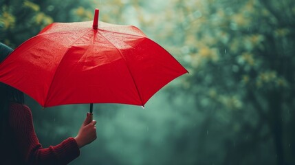 Serene Rainy Day with Red Umbrella Amidst Lush Greenery