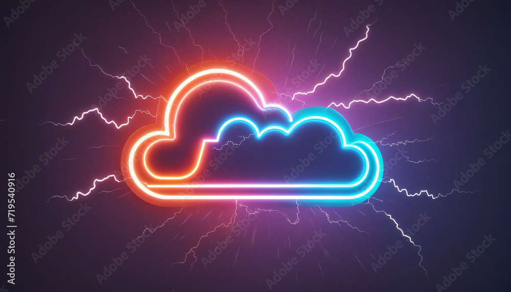 Wall mural abstract minimalist background with colorful clouds and neon lightning symbol, glowing thunder sign 