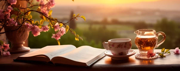 Tuinposter Morning landscape with book, tea set against background of sunrise, in blooming field with bright flowers, an atmosphere of tranquility, solitude. Reading, relaxation. Comfort. Meditative practices © stateronz