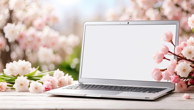 Laptop with a white screen mock up on spring blooming background on table in apple orchard. Seasonal remote work, internet, shopping, spring time. 