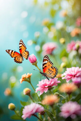 Obraz premium Saturated bright vibrant color butterflies on spring and summer wild flowers in a field with a space for text. Spring time, summer time