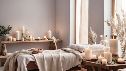 The interior of the massage room in eco-style and beige tones with natural fabrics and materials,...