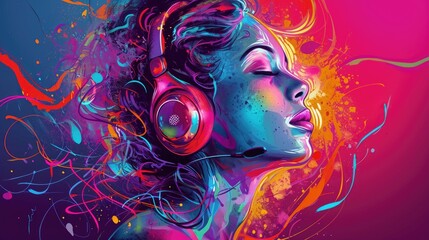Portrait of a girl with headphones. Colorful abstract background