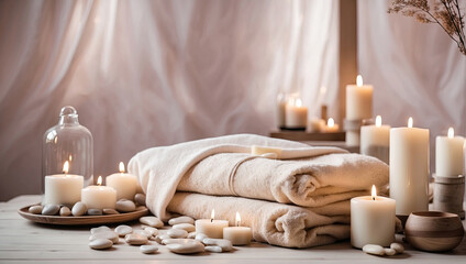Fototapeta na wymiar The interior of the massage room in eco-style and beige tones with natural fabrics and materials, Potted plants. Rolled towels on the massage table, candles, relaxing atmosphere