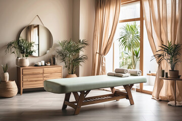 Fototapeta premium The interior of the massage room in eco-style and beige tones with natural fabrics and materials, Potted plants. Rolled towels on the massage table, candles, relaxing atmosphere