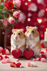 Fototapeta na wymiar A cute loving pair of hamsters with red valentine hearts in a romantic Valentine's day decor. Romantic card, love