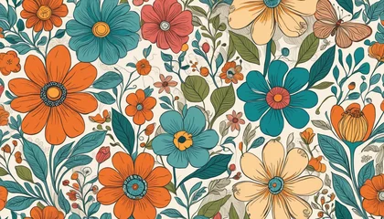 Fototapeten Colorful vintage flower art seamless pattern illustration. Organic hand drawn floral garden background with psychedelic style nature collage. Trendy spring print of abstract retro flowers.  © SR07XC3