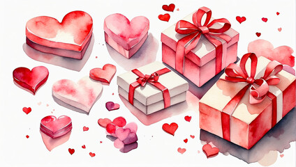 Watercolour Valentine's day gift box and hearts on a white background. Love greeting card, date invitation, wedding. Romantic background. 