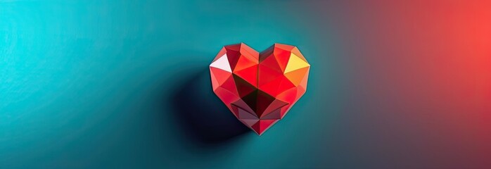 Modern Polygonal metal heart with diamond facets on a blue background. Romantic background for Valentine's Day, banner.