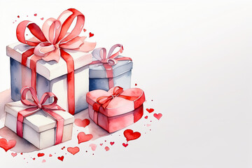 Watercolour Valentine's day gift box and hearts on a white background. Love greeting card, date invitation, wedding. Romantic background. 