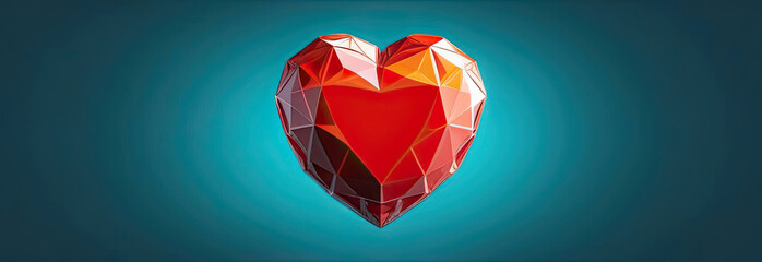 Modern Polygonal metal heart with diamond facets on a blue background. Romantic background for Valentine's Day, banner.  - obrazy, fototapety, plakaty
