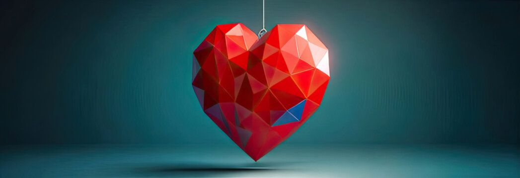 Modern Polygonal metal heart with diamond facets on a blue background. Romantic background for Valentine's Day, banner. - Powered by Adobe