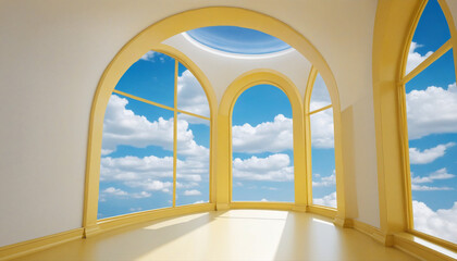 Abstract background with blue sky and white clouds inside arch windows on yellow wall