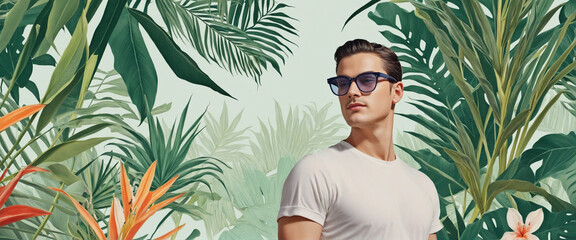 Exotic foliage backdrop with stylish man and woman in trendy eyewear - creative design
