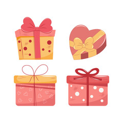 Valentines Day gift Box element collection. Happy Valentine Day box in cute pink flat design with ribbons. Stock vector valentine icon