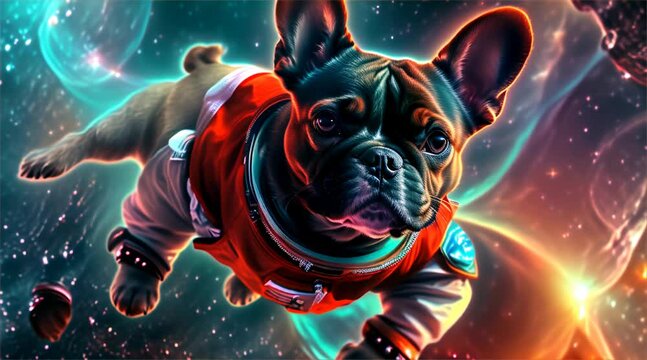 french bulldog wearing space suit flying in outer space, magical realism, neon colors