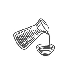 Pouring soy sauce into white ceramic bowl from a bottle, jug.  Hand drawn engraving style illustrations. Vector illustration.