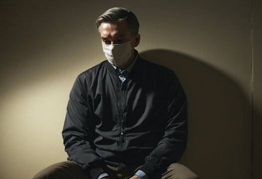 A man sits alone in a dark room, his face obscured by layers of garments, gazing emptily at the wall ahead