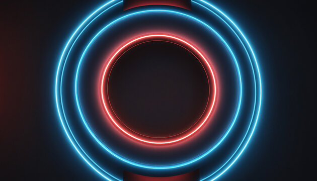 3d render, abstract background with red blue neon circle and glowing rays. Minimalist geometric wallpaper