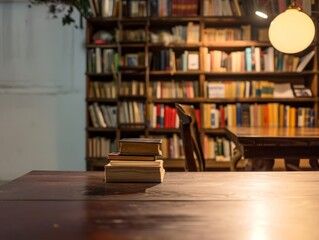 Antique books on a wooden table in a library setting with soft lighting
