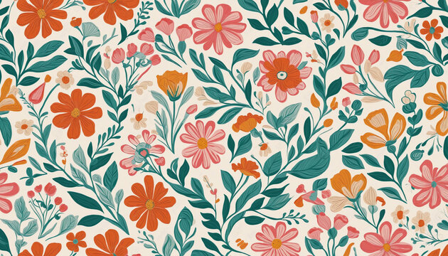 Vintage floral pattern illustration. Colorful organic nature design in seamless style. Spring season decoration with abstract flower art.