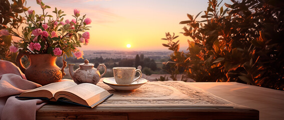 Morning landscape overlooking a lush valley and traditional tea service on a wooden table with white tablecloth, roses in bloom, and sunrise in the background. Travel, home comfort, relaxation - obrazy, fototapety, plakaty
